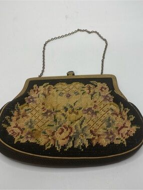 Vintage Made in Austria Needlepoint Floral Tapestry Purse Kiss Lock Chain Strap